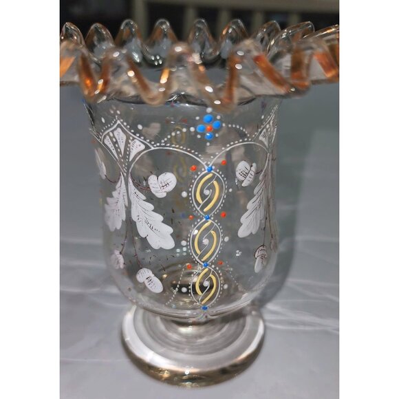Vintage Hand-Painted Ruffled Edge Glass Vase With Gold Accents & Floral Design - Picture 10 of 13